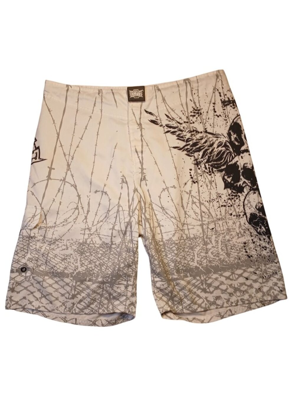 MMA Elite Board Shorts Mens Large White Barbed Wire Graphic Print Lightweight